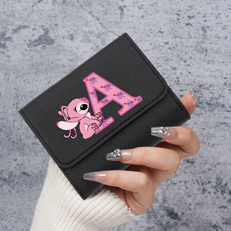 Stitch Short Small Wallets Disney Angel Letter ABCD Bags Student Billfold Cartoons Triple Fold Card Holder Girl ID Bag Portable