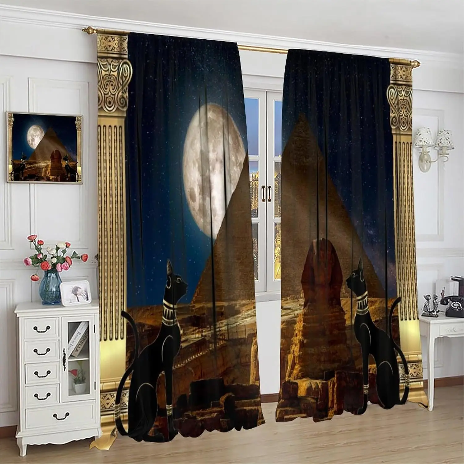 Ancient Egyptian Curtain, Vintage Mysterious Egyptian Pyramids Black Cat Moon Window Curtain for Bedroom Living Room