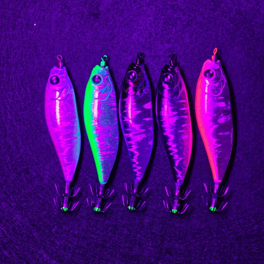 5-teiliges Set Horizontal Squid Jig Egi Set, mehrfarbig, laserholografische Beschichtung, langsam sinkender Tintenfischköder, Zubehör für Eging-Angeln – Detail 2