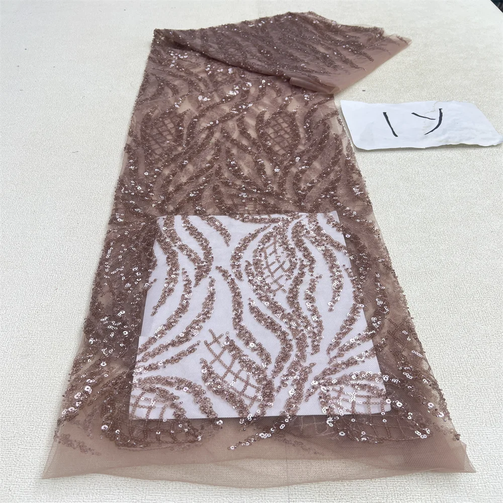 

African Sequins Beaded Lace Fabric 1Yards High Quality Groom Nigerian Wedding Bridal Embroidery French Tulle Sewing
