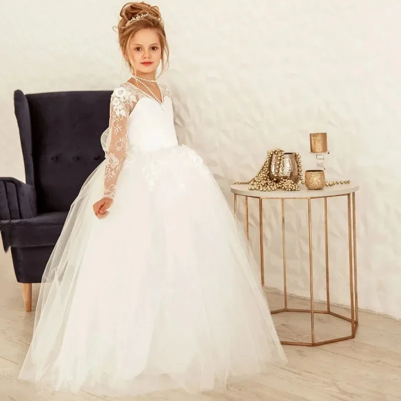 Custom Flower Girl Dress with Bow, Long Sleeves, White Tulle with Floral Appliques, Wedding, Birthday Party, and Communion Dress
