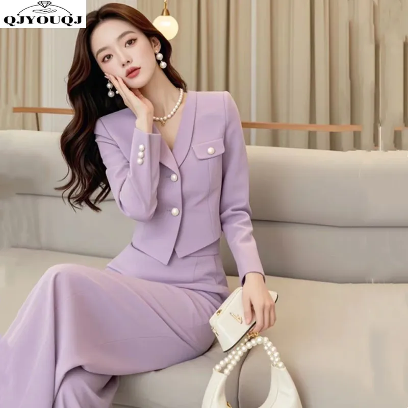 

Early autumn high-end socialite temperament goddess style high-end generous small fragrance purple top and pants two-piece set