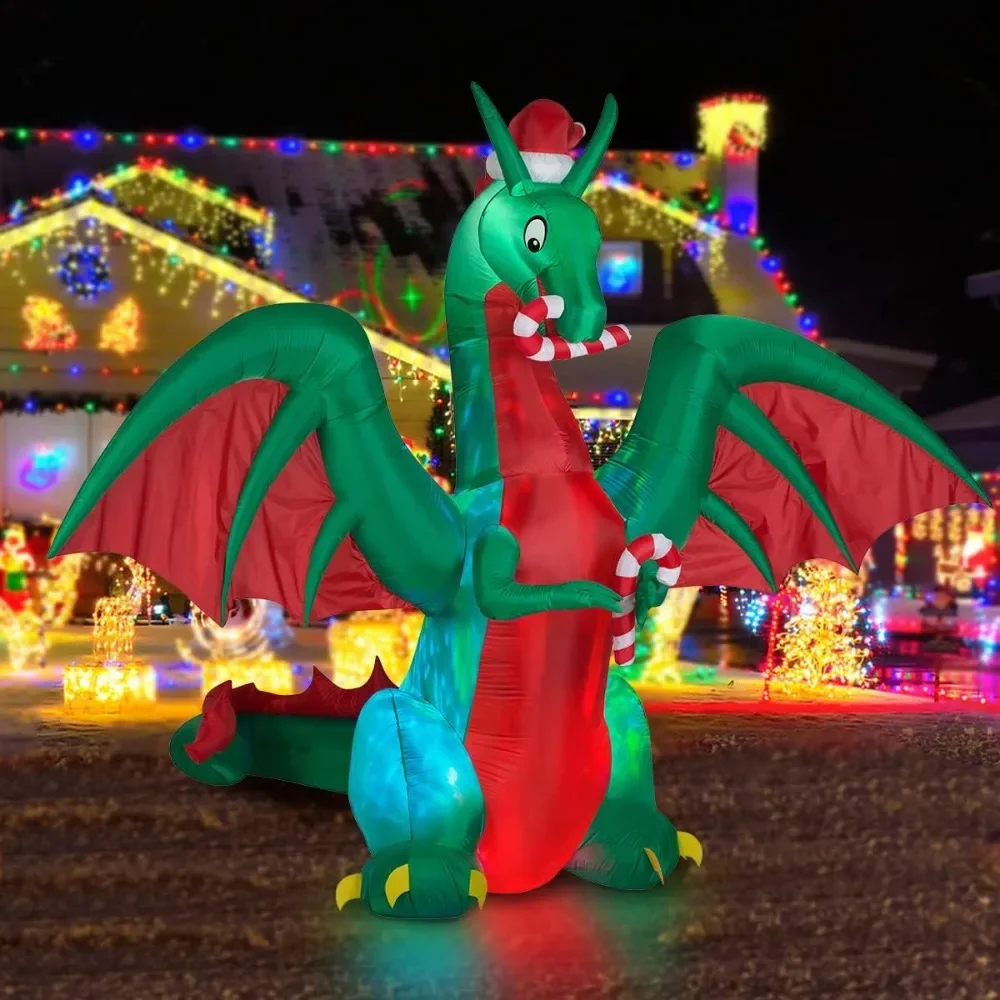 

8ft Inflatable Christmas Dragon with Candy Disco LED Lighted Blow Up Decor Indoor Outdoor Holiday Art Decor Decorations