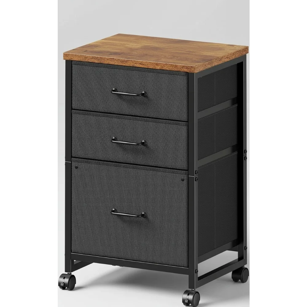 3-Drawer Mobile File Cabinet with Wheels Fabric Vertical Storage for Home Office Rustic Brown