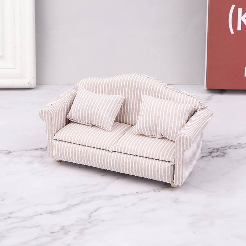 1:12 Dollhouse Miniature Striped Furniture Sofa With Pillow Sofa Model Furniture Scene Toy Doll House Decor Dollhouse Accessorie