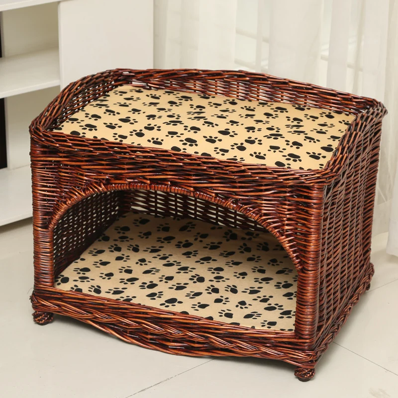 

Handwoven Rattan Cat House All Season Pet Villa Breathable Pet Cage for Small Cats/Dog Natural Fiber Pet Bed with 2 Layer Design