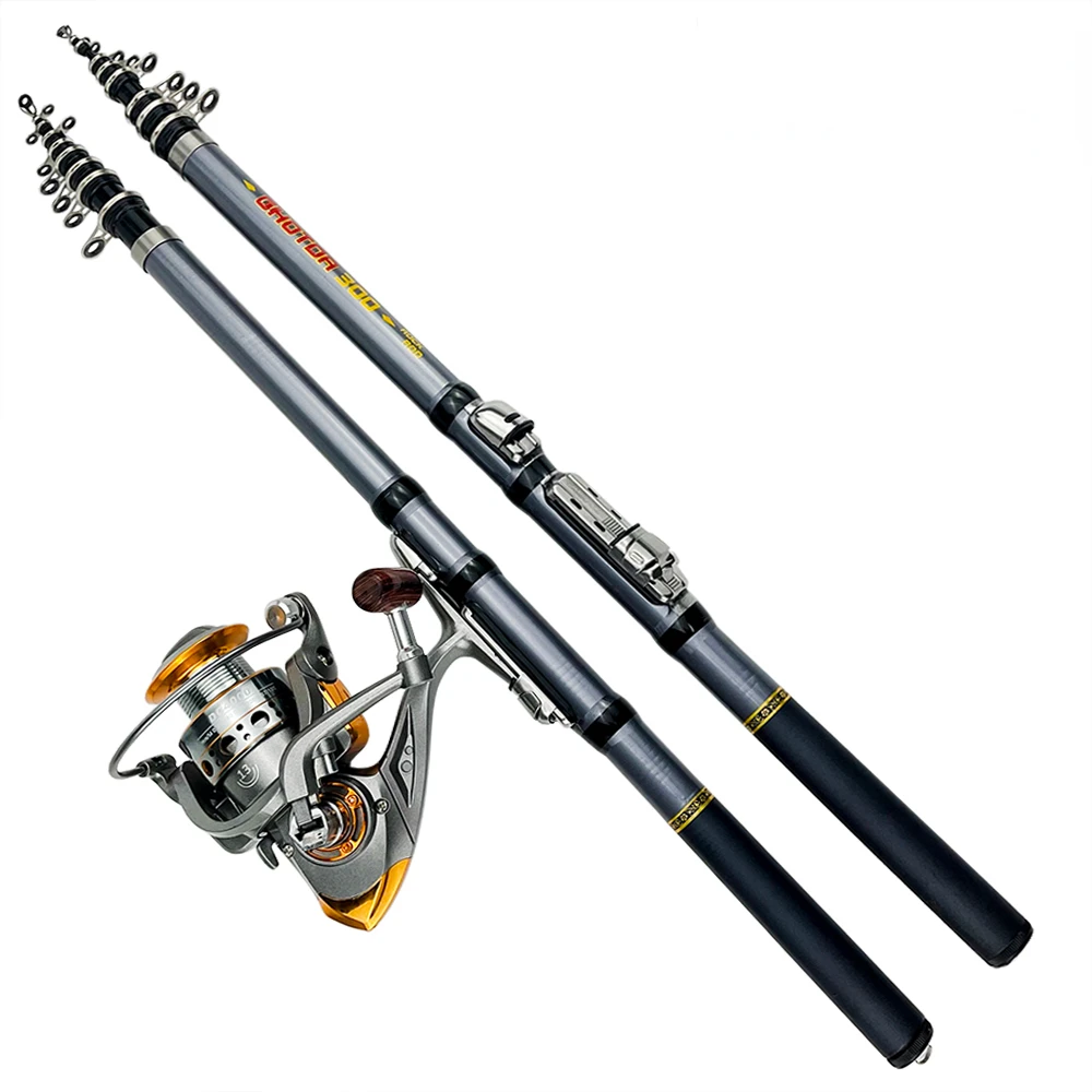 Telescopic Rock Fishing Rod and Reel Combo Ultralight Carbon Pole 1.5-3M with Baitcasting Wheel 5.2:1 High Speed for All Waters