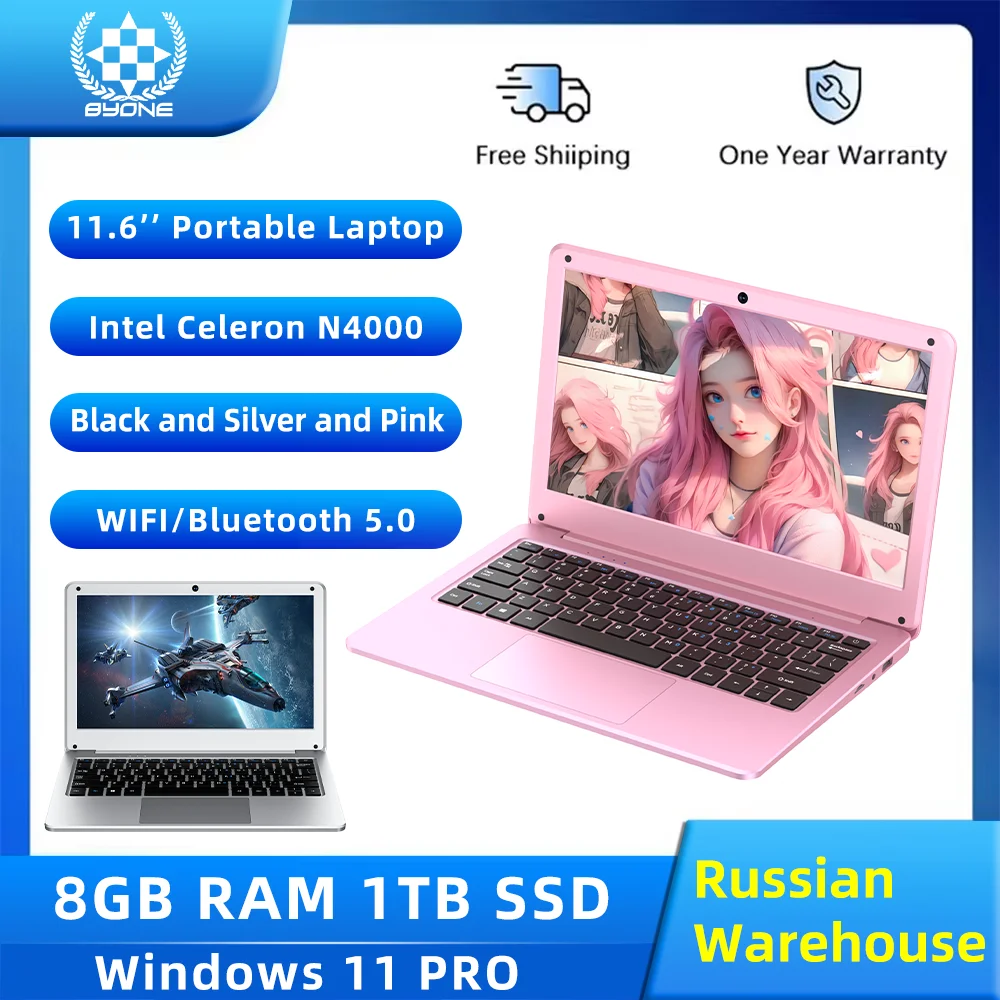 BYONE 11,6 pulgadas Mini portátil Intel Celeron N4000 8GB RAM 128GB 256GB SSD Wifi Oficina estudio Rosa portátiles de bolsillo ultradelgados