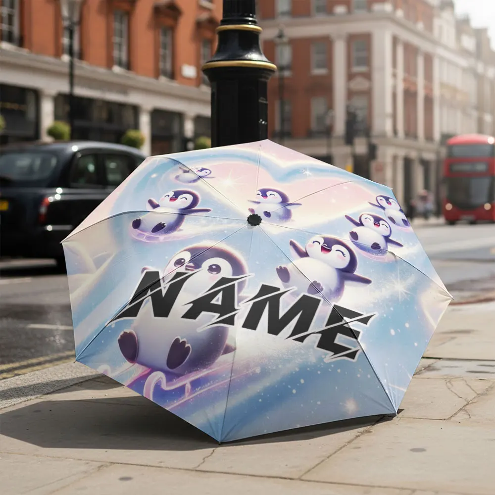 Custom Name umbrella, Cute Penguin Sledding Adventure Umbrella Design Fashion Folding Umbrella for Daily Use, Christmas Gift