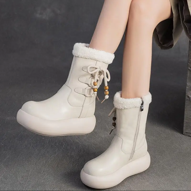 

GKTINOO Wool Warm Genuine Leather Short Boots 2025 Winter New Vintage Versatile Thick Soled Wedges Women's Shoes