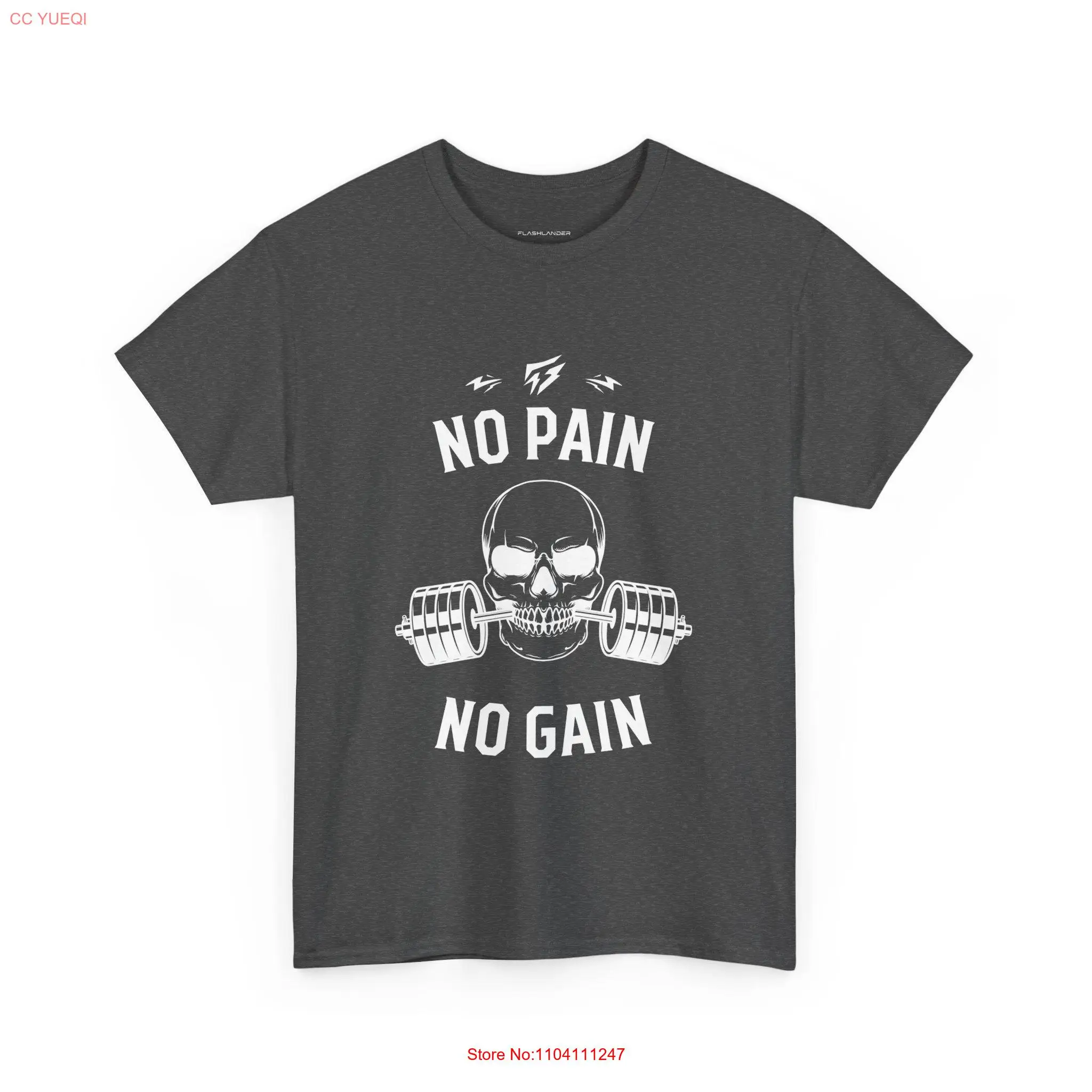 Skull Lifting Flashlander Gym T Shirt No Pain Gain  long or short sleeves