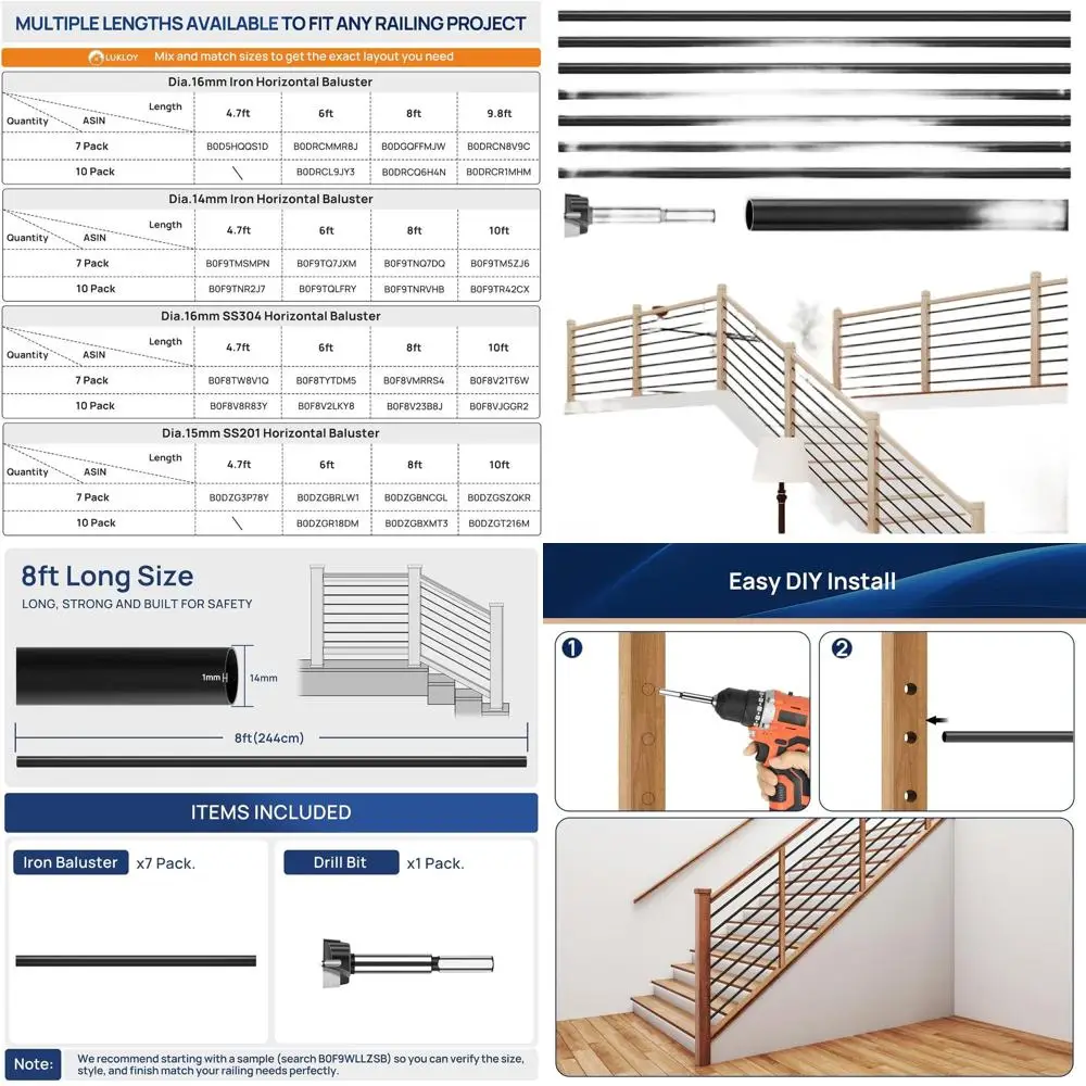 

Matte Black 8 T x 35/64 Hollow Iron Stair Balusters for Interior Railings with 14mm Wood Drill Bit