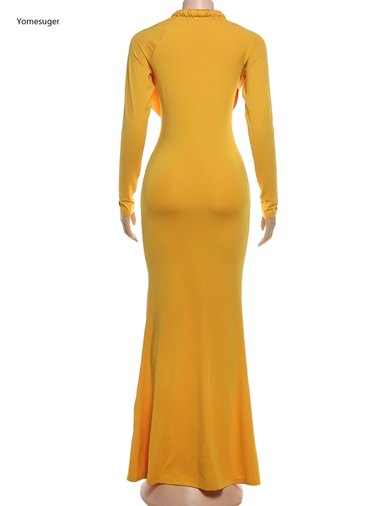 Yomesugar élégant froncé longues robes femme Hipster Sexy col pivotant manches longues maigre robes minuit bal fête Clubwear