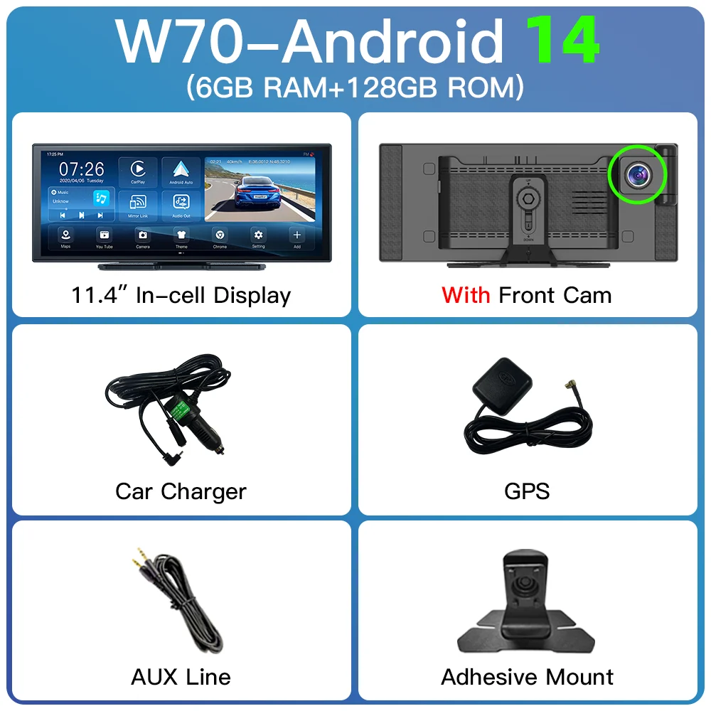 Imagebon W70 11.4 "Android 14 6 + 128G 8 Core Dashcam Draadloze CarPlay & Android Auto Youtube Google Play Dual Lens GPS Auto DVR