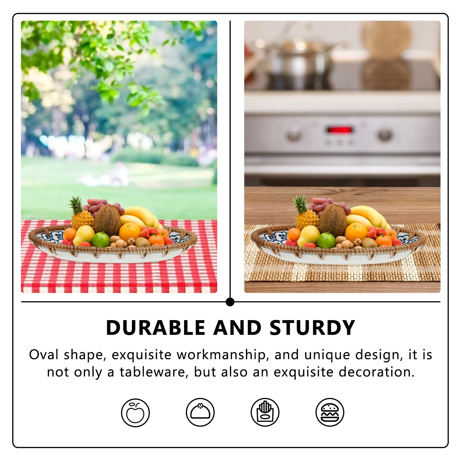 

1Pcs Rattan Fruit Plate Japanese-Style Ceramic Oval Dish Creative Stoneware Dinnerware for Salad Dessert Retro Household