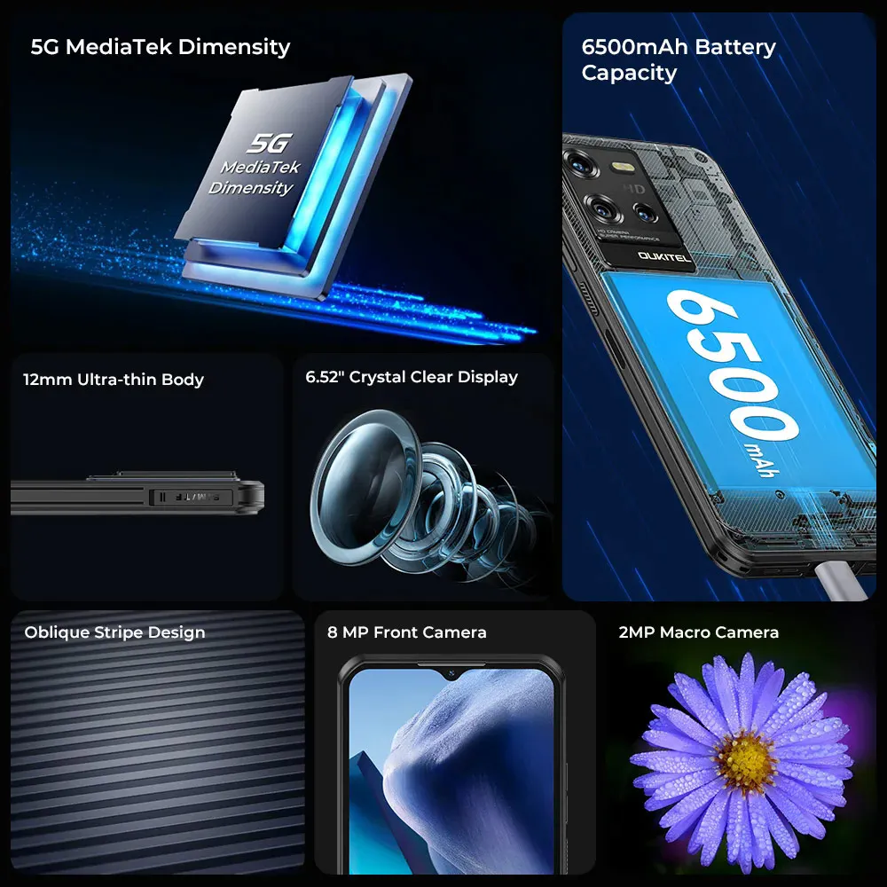 Oukitel WP50 5G 초박형 스마트폰, 안드로이드 14, 12GB(4 + 8GB)+ 256GB 48MP 6500mAh 휴대폰, 6.6 인치 HD + 견고한 휴대폰 NFC