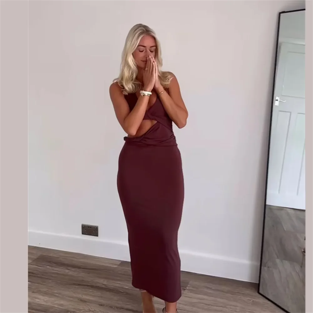 PB & ZA-vestido veraniego para mujer, prenda ajustada con cintura, versátil, color liso, corte de hombro y tirantes, cuello en V, novedad de 2024