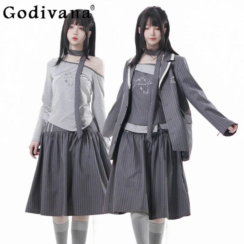 

Japanese Style College Student Y2K Casual Women's Outfits Autumn New Women's Loose Slim Blazer Long Sleeve Top Vest Skirt Set