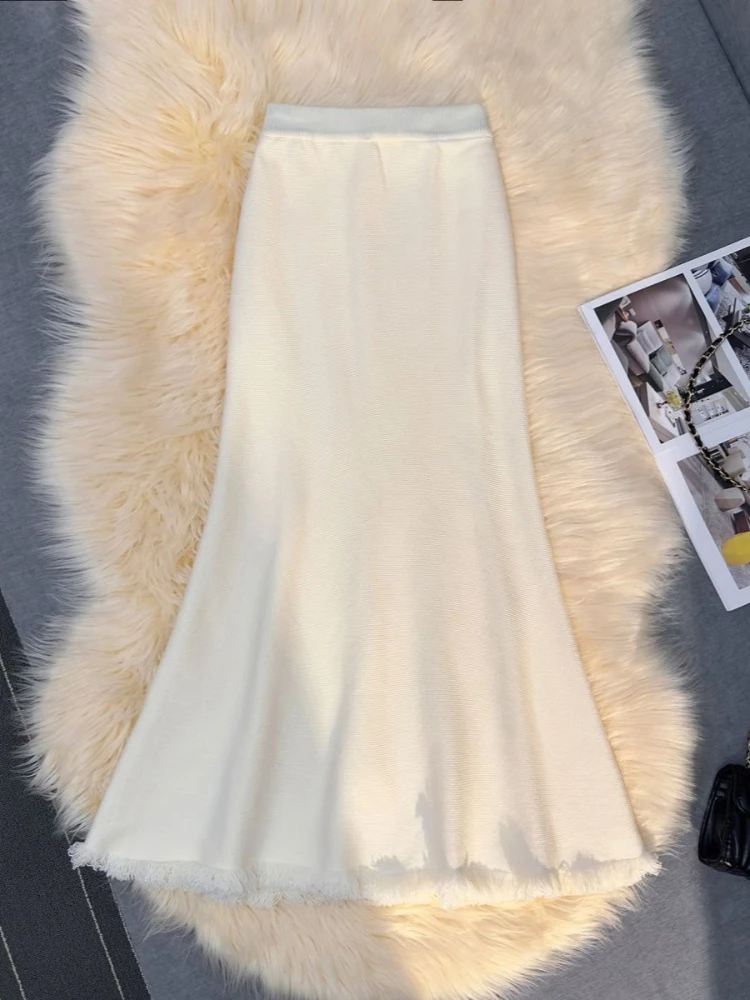 

Autumn Warm Fashion Slim Long Skirt Women Design Winter Casual Elegant A-line Solid Package Hip Skirts Sweet Tassels Outfits