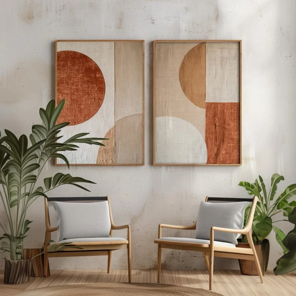 2 قطعة/المجموعة البيج مجردة هندسية كتلة اللون قماش طباعة الحد الأدنى الطين الفن الملمس الجدار ملصق فني لديكور غرفة المعيشة