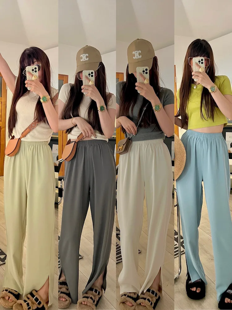 

Шелковистые гладкие брюки с высокой талией и широкими штанинами, асимметричный прямой крой, повседневные брюки в пол, удобные брюки для прогулок