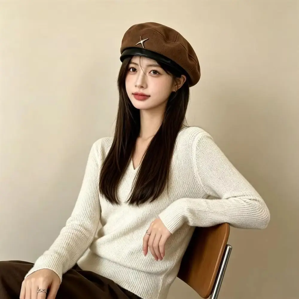 Fashion British Style Star Beret Y2K Woolen Newsboy Cap Korean Style Brown Artist Hat Streetwear 2