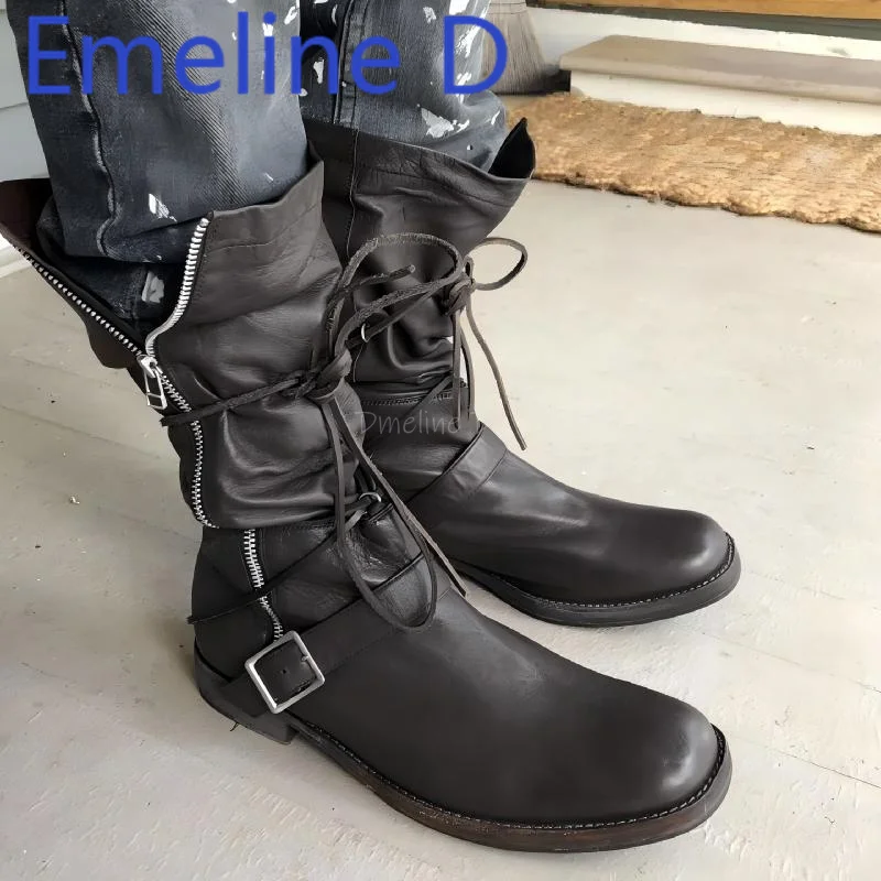 

Side Zipper Mid Tube Boots Fashionable Pointed Strap Boots Belt Buckle Decorative Soft Leather Workwear Boots Cycling Boots