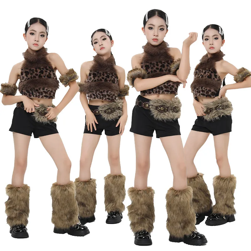 

Плюшевый топ с леопардовым принтом, шорты, костюм для детей, крутая одежда в стиле хип-хоп, костюмы для джазовых танцев для девочек, одежда в стиле K-pop, одежда для сцены и вечеринок DW11464