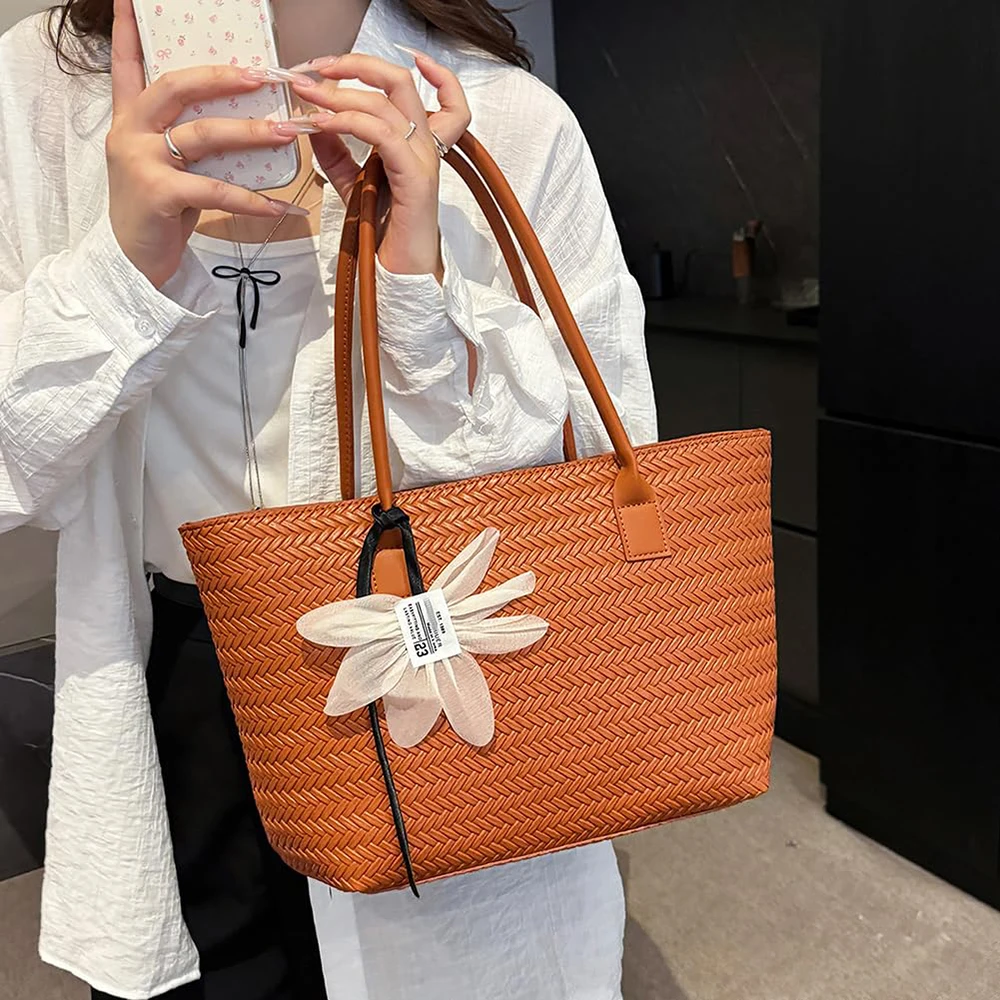

Women Solid Color Woven Shoulder Bag with Pendant Tote Handbag PU Leather Stylish Shoulder Bag Travel Shopping Work Date Bag