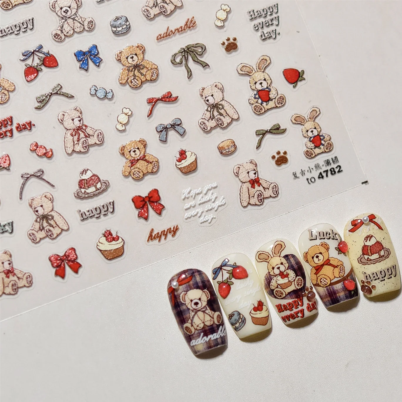 Vintage Bear Candy Rabbit Cake Bowknot Bunny Strawberry Footprint Muffin Hipster Delicate Nail Art Stickers DIY Manicure Decals