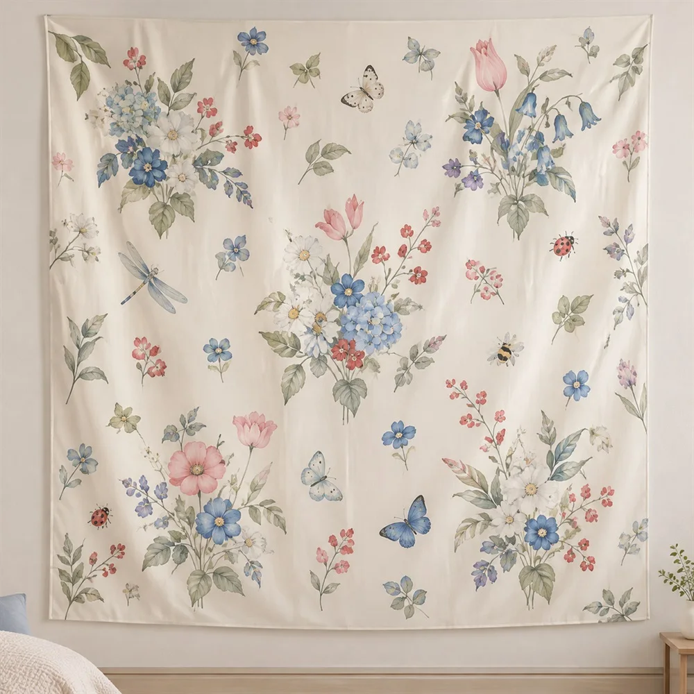 VIKAMA Flower and Insect Study Clustered Groups Tapestry Wall Hanging, Korean Wall Decor Tapestries for Living Room Bedroom