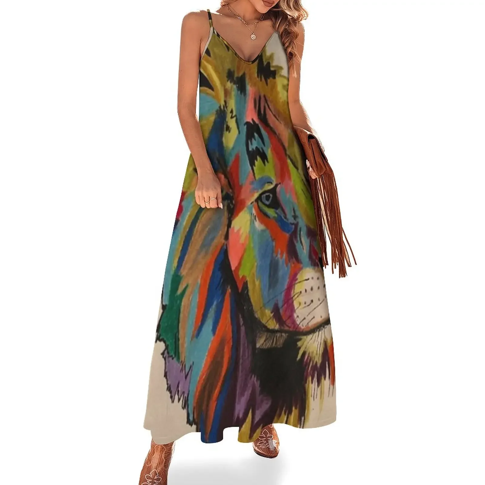 

Abstract lion sketch in pencil crayons Sleeveless Dress Elegant gown Dress for girls dress korean style