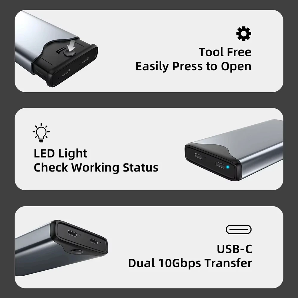 doyme M.2 SATA NVME Dual Protocol SSD Enclosure Dual Bay SATA&NVME SSD Case 10Gbps USB Type C SSD Case M.2 Hard Disk Box