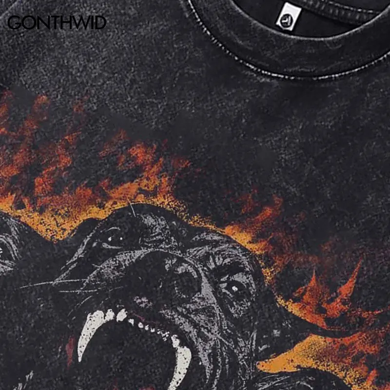 Men Tshirt Vintage Flame Rottweiler Doberman Dog Graphic Print Washed T-Shirt Hip Hop Punk Streetwear 2024 Harajuku Black Tops