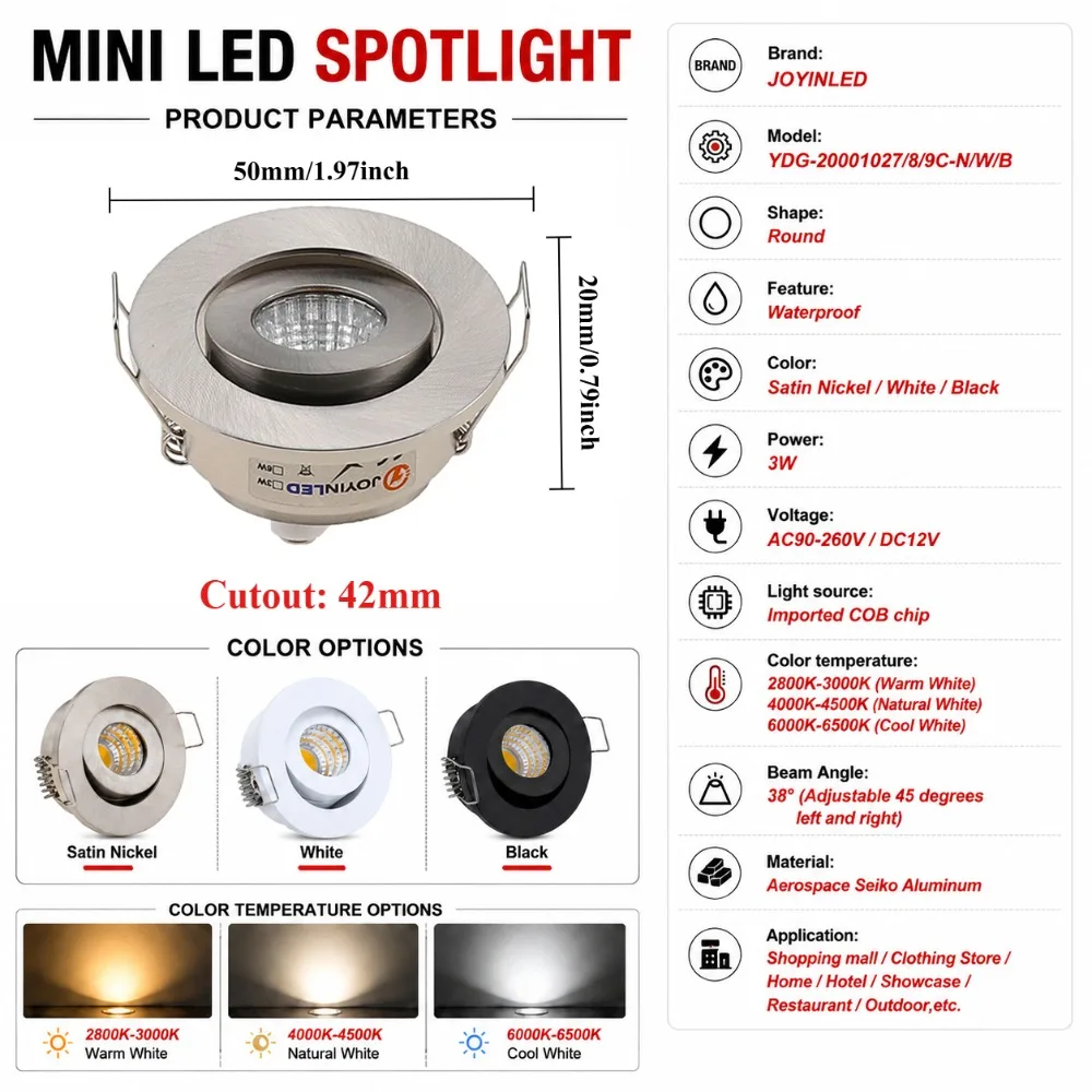 JOYINLED 6PCS 3W Mini LED Recessed Downlight, IP65 Waterproof Dimmable Ceiling Spot Light, 2800-6500K, AC90-260V DC12V