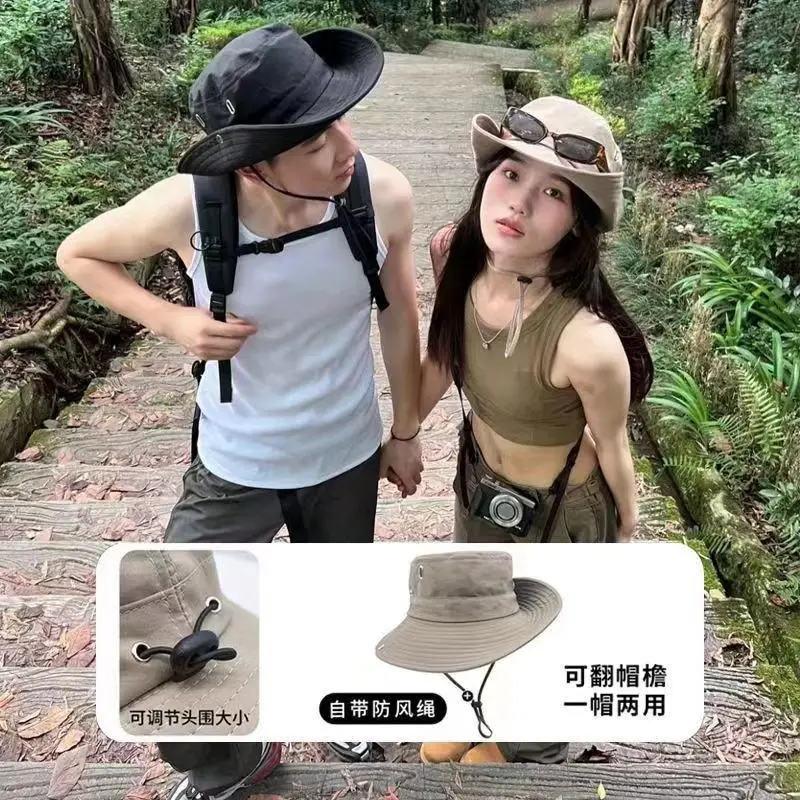 

Summer Western Cowboy Sun Hat UV Protection Outdoor Fishing Wide Brim Drawstring Bucket Hiking Fishing Cap for Men Women