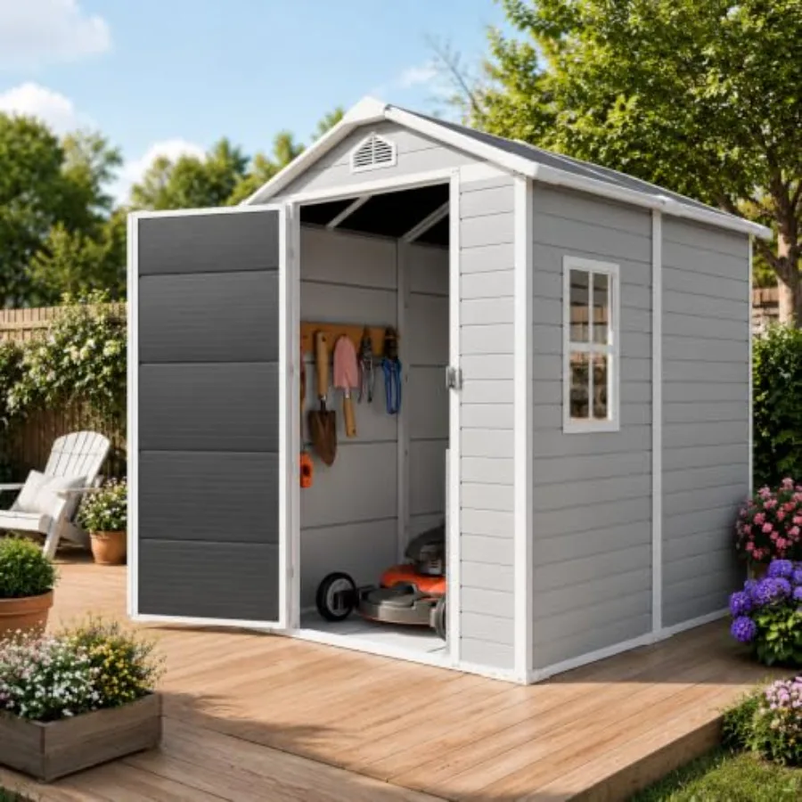 6x4 Feet Resin Storage Shed with Floor, Plastic Shed for Bike and Tools Durable UV-Resistant Gray Resin, Weatherproof, Easy Ass
