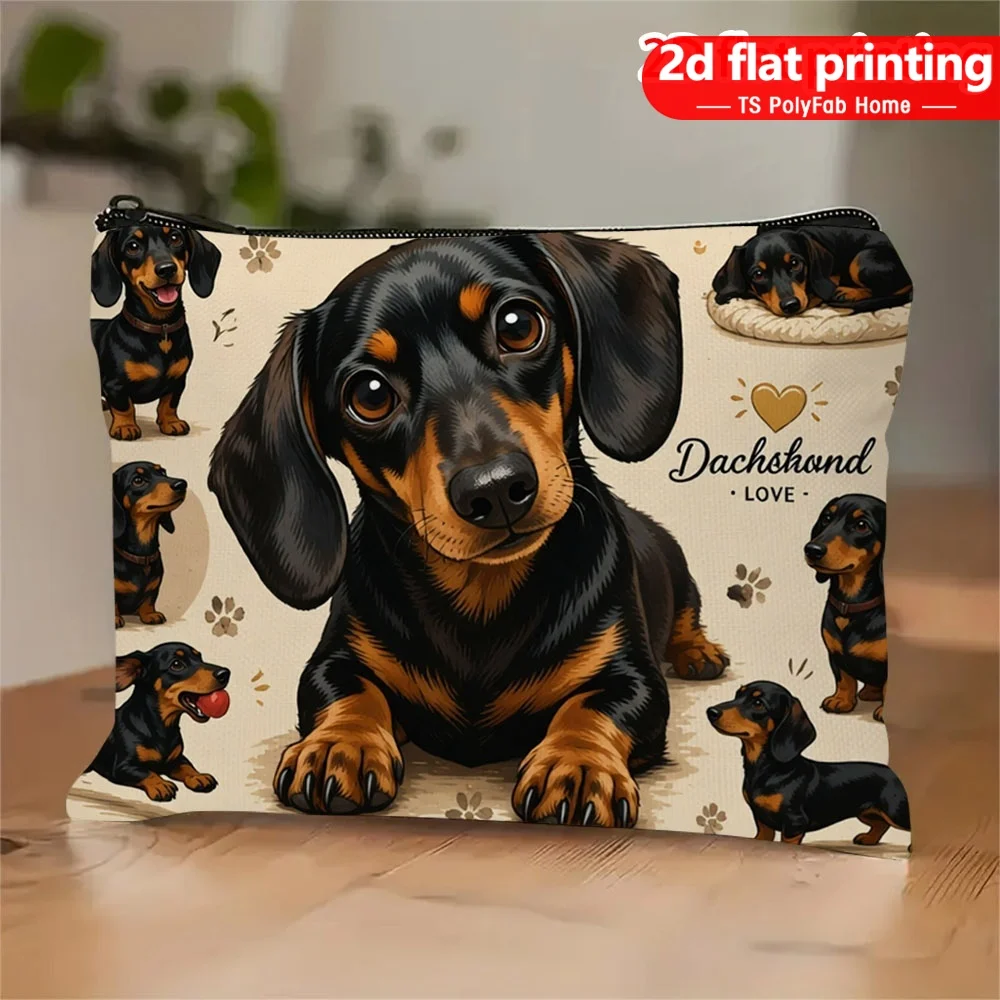 Dachshund Love Sausage Dog Collage Canvas Pouch Bag Cute Puppy Paw Pattern Pet Lover Gift Zipper Cosmetic Storage Bag Gift