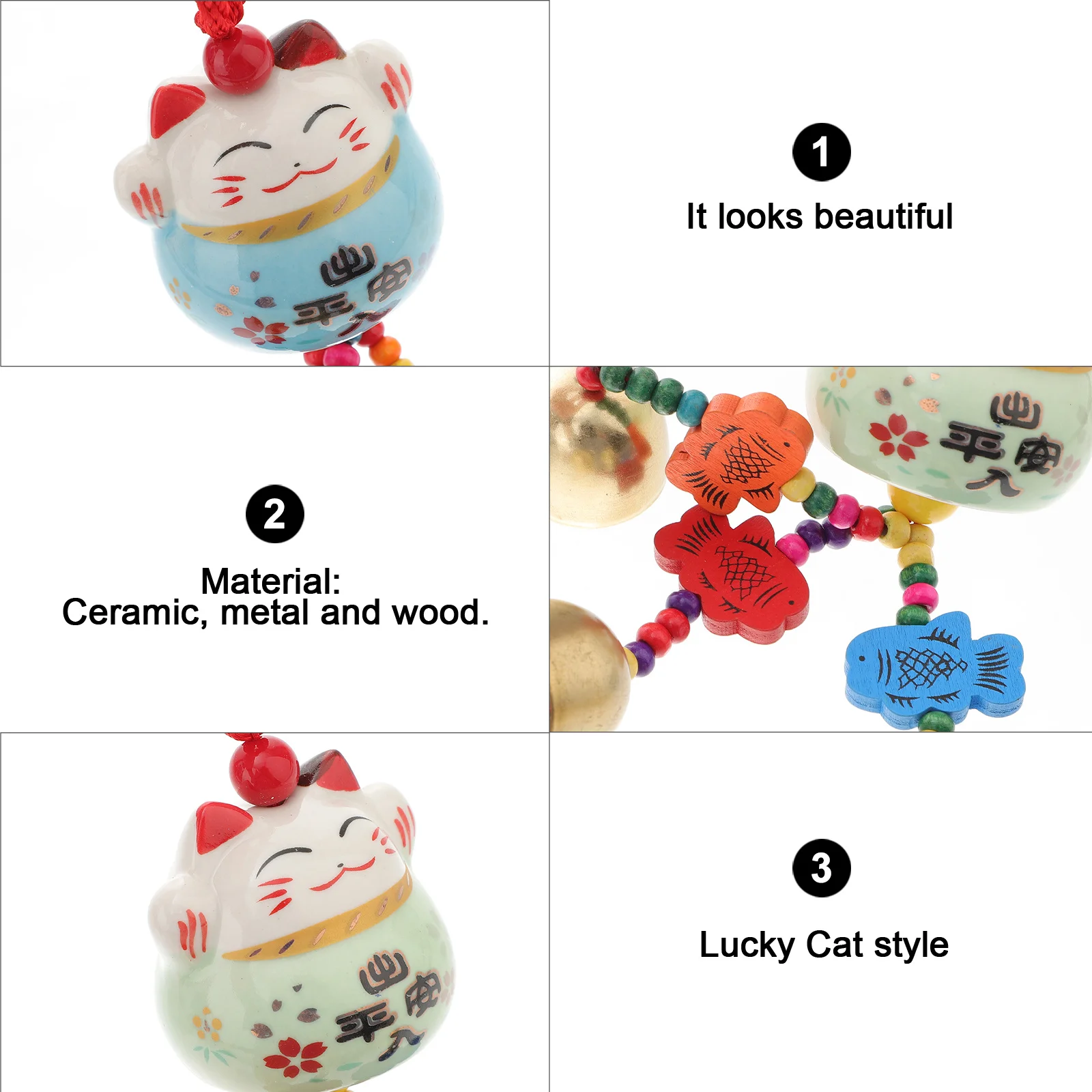 

2Pcs Fortune Cat Hanging Wind Chimes Ceramic Pendants for Garden Patio Balcony Home Decoration Relaxing Sound Gift