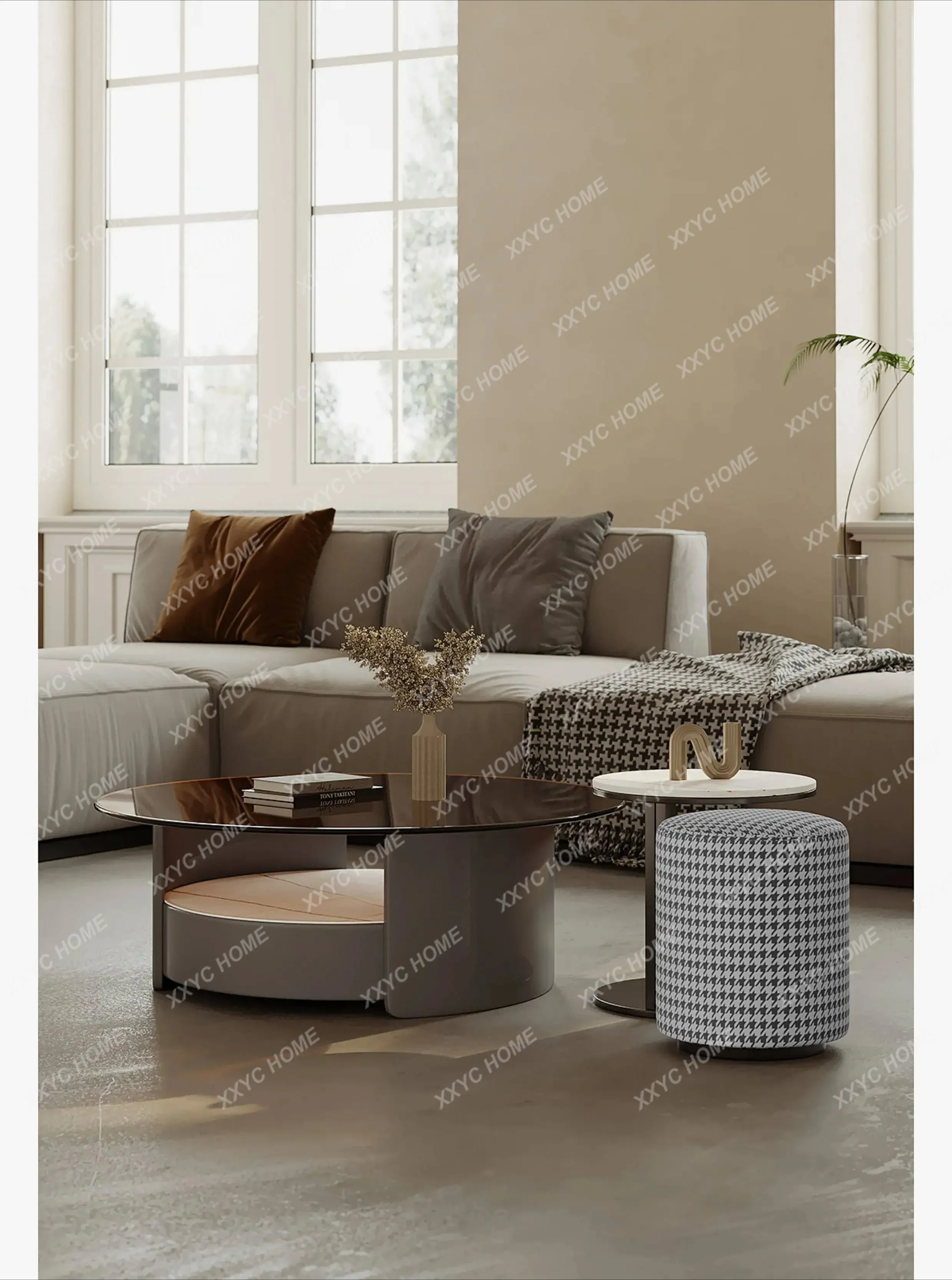 BJ Minimalist Glass Coffee Table Combination Living Room Home Modern Simple Round Designer Art Rock Slab Exquisite Coffee Table