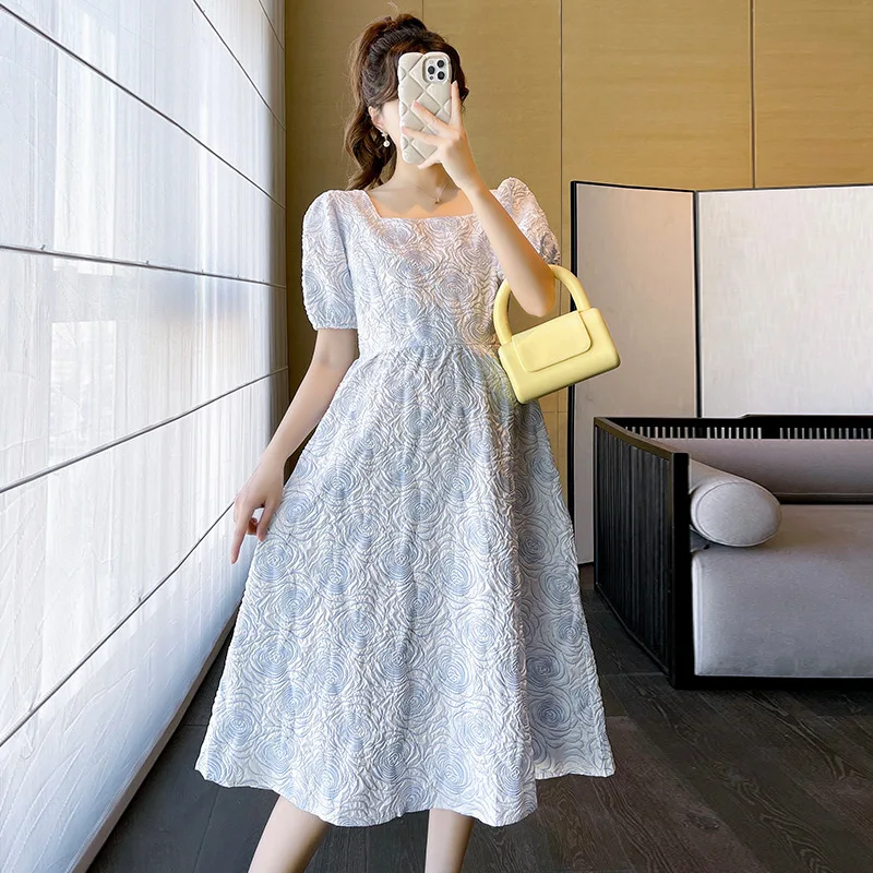 Korean Style Summer Maternity Vintage Dress Short Sleeve Square Collar Elegant Pregnant Woman Dobby Dress Loose Party Dresses