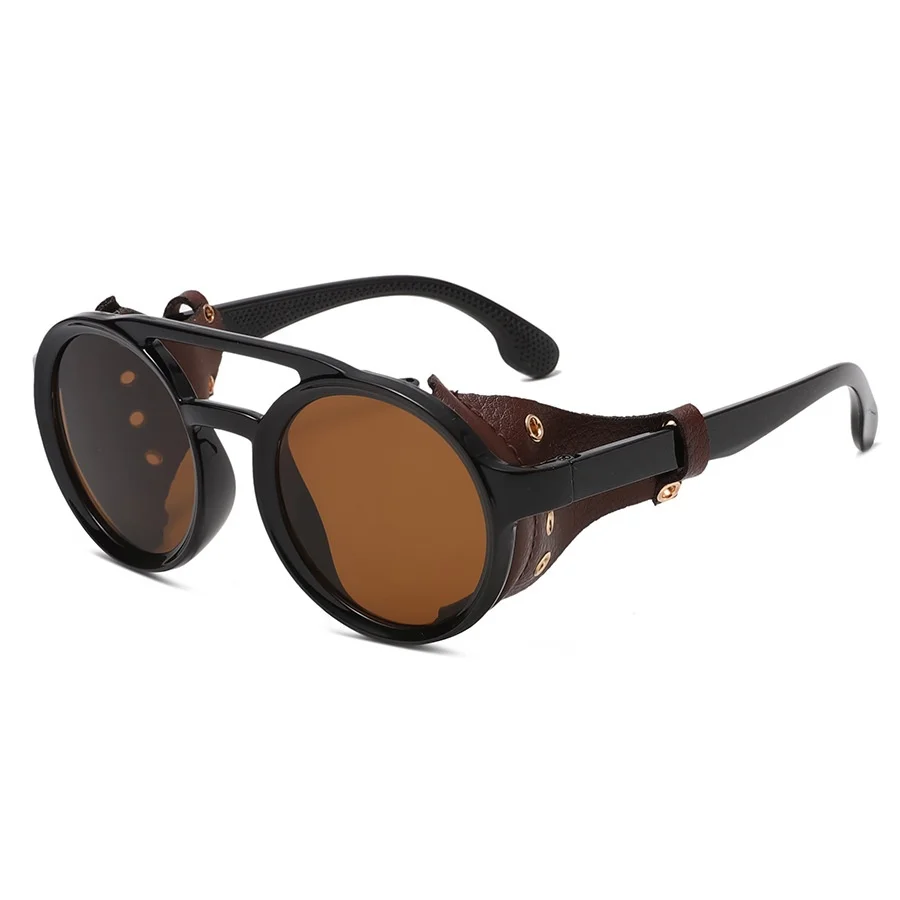 الرجعية النظارات الشمسية الرجال النساء الجلود نظارات دائرية خمر نظارات مكافحة الرياح في الهواء الطلق الرياضة نظارات شمسية UV400 #4