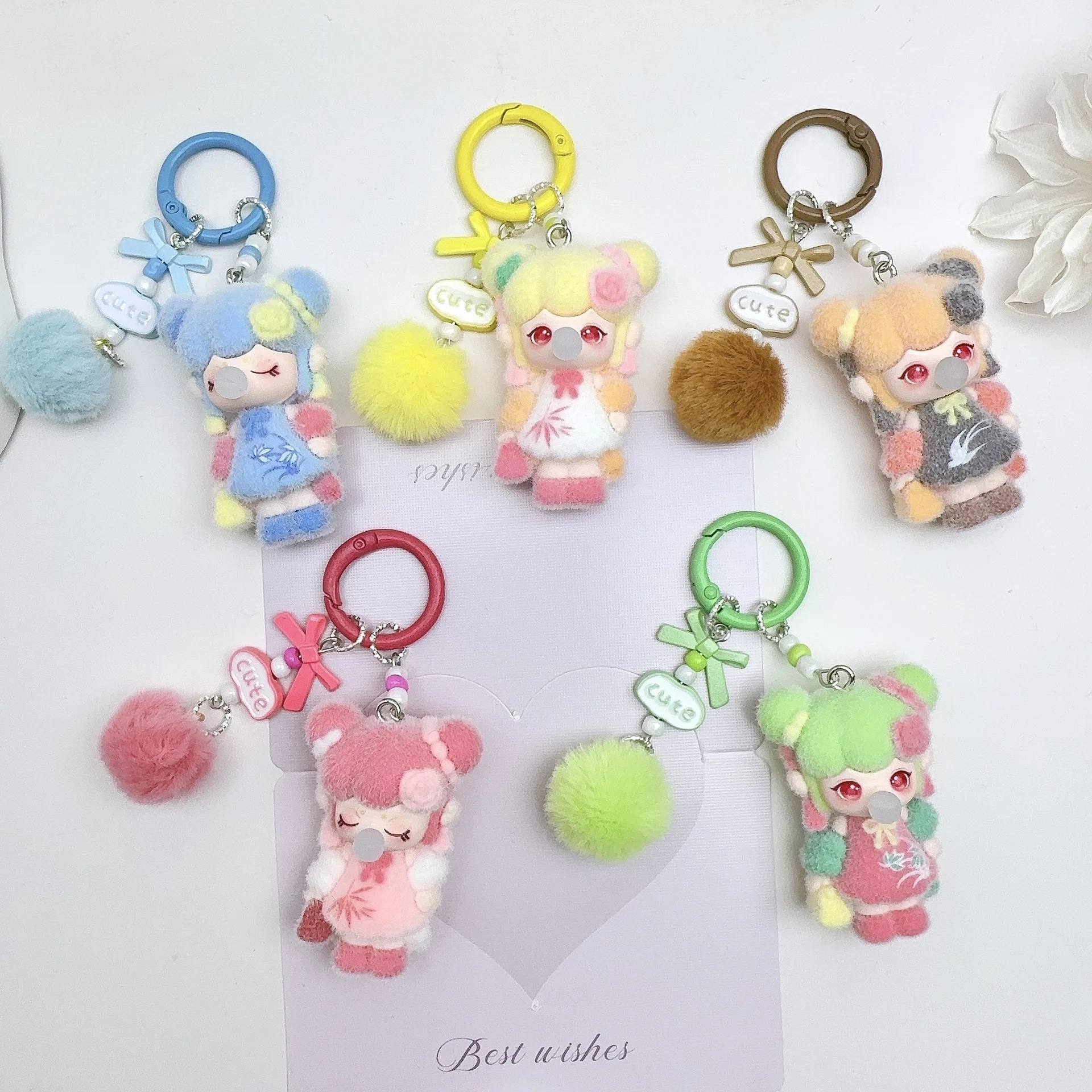 Cute Plush Doll Keychain Student Bookbag Hanging Ornament Bubble Blowing Cartoon Character Flocking Material Personalized Style
