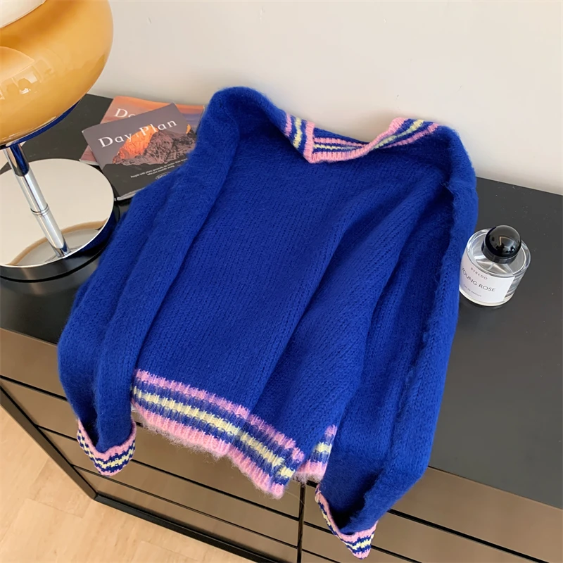 Maglione pullover a maniche lunghe con scollo a V blu da donna Harajuku anni 2000 Y2k stile coreano autunno e inverno nuovo maglione morbido e pigro