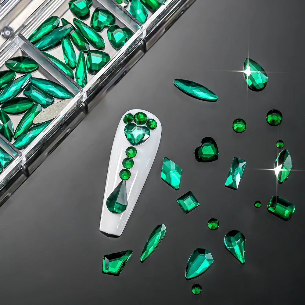 12-شبكة الزمرد الأخضر ثلاثية الأبعاد أحجار الراين الزجاجية متعددة الأشكال هندسية مسطحة مسمار الأحجار الكريمة الفاخرة الأخضر لتقوم بها بنفسك زينة الأظافر لوازم =
