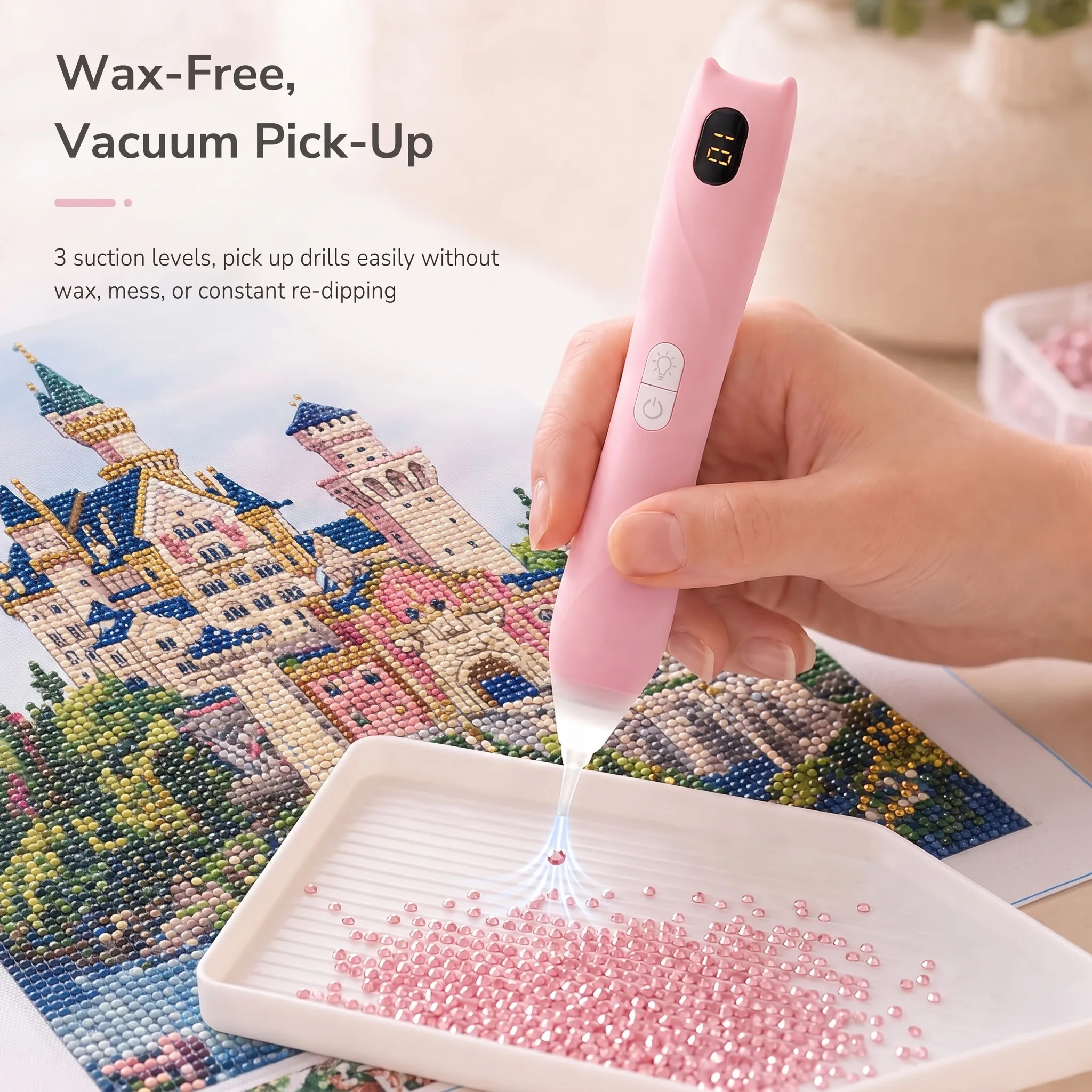 Electric Diamond Painting Pen with Light & Display Screen, Wax-Free Cordless Diamond Art Pens，3 Suction Levels,4 Drill Tips
