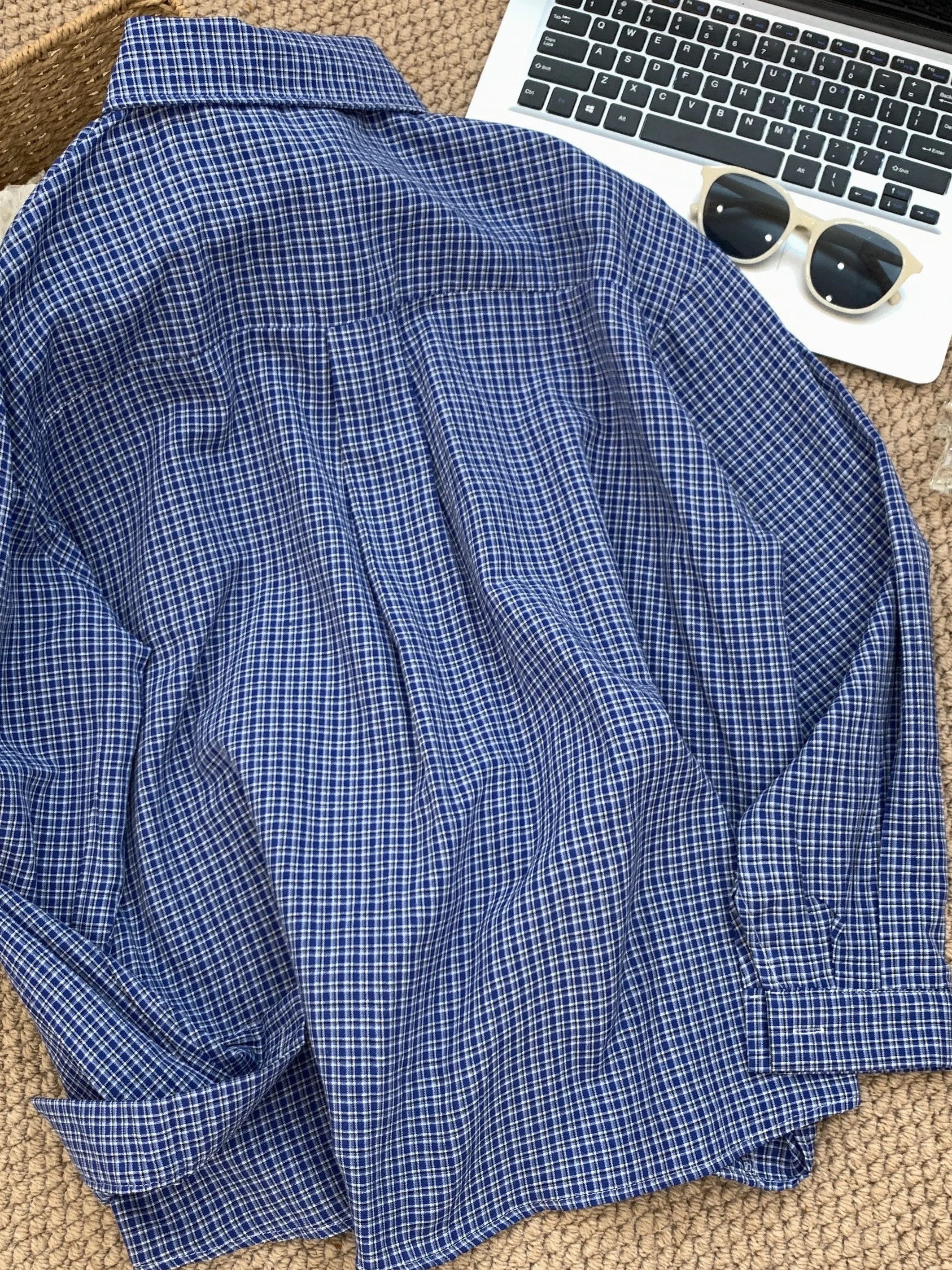 

Retro Blue Plaid Loose Fit Long Sve irt Women's Casual Sle Mid-Length Top Spring 2026 Faion Trend Lazy Versatile Out...