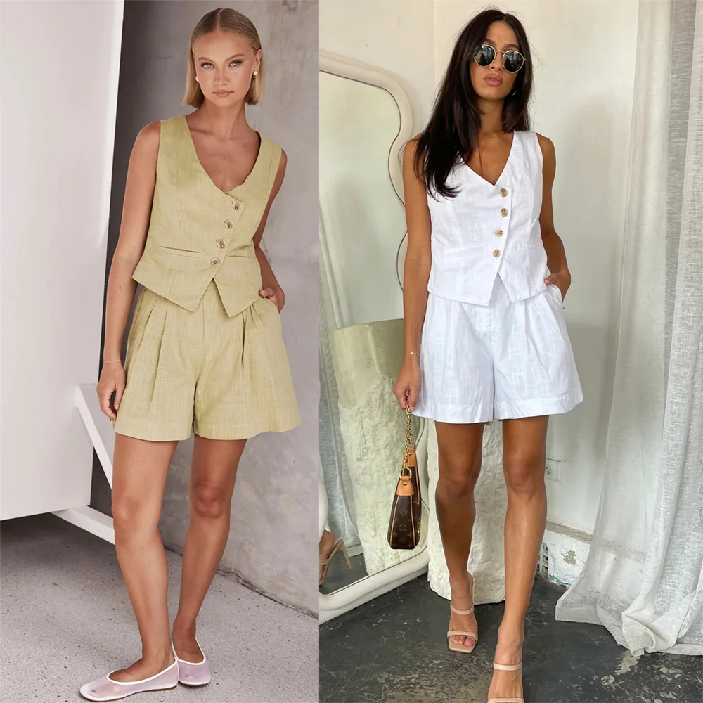 Women Linen Vest Shorts Two Piece Set 2024 Summer Casual V-neck Sleeveless Single Breasted Waistcoat High Waist Shorts Suit