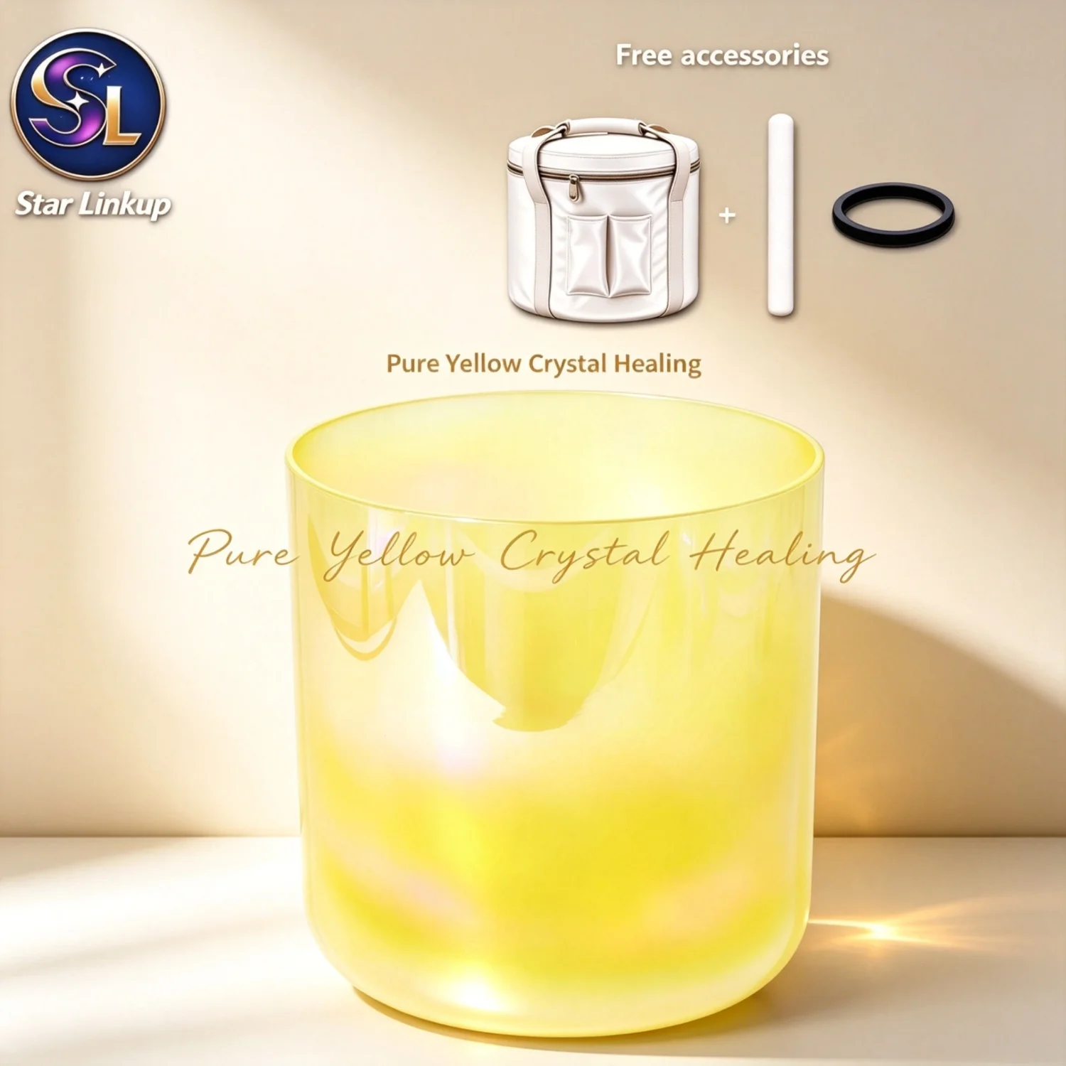 Yellow Aura Quartz Crystal Singing Bowl with Bag, Mallet, O-ring, Sound Healing Instrument for Meditation Yoga Sound Bath