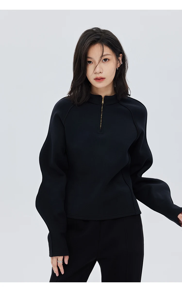 봄과 가을 신상 여성 상의, 웨이브 래글런 소매, 스탠드업 칼라 지퍼, 블랙 라운드 넥 긴팔 스웨트셔츠